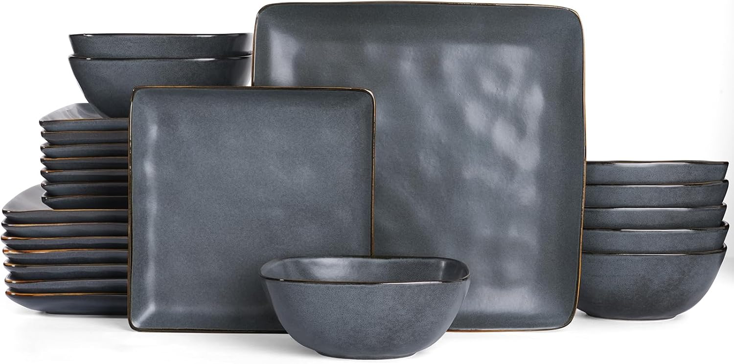 Famiware Dinnerware Sets for 8, Ocean Square 24-Piece Kitchen Plates and Bowls Sets, Microwave and Dishwasher Safe, Scratch Resistant, Matte Dark Charcoal
