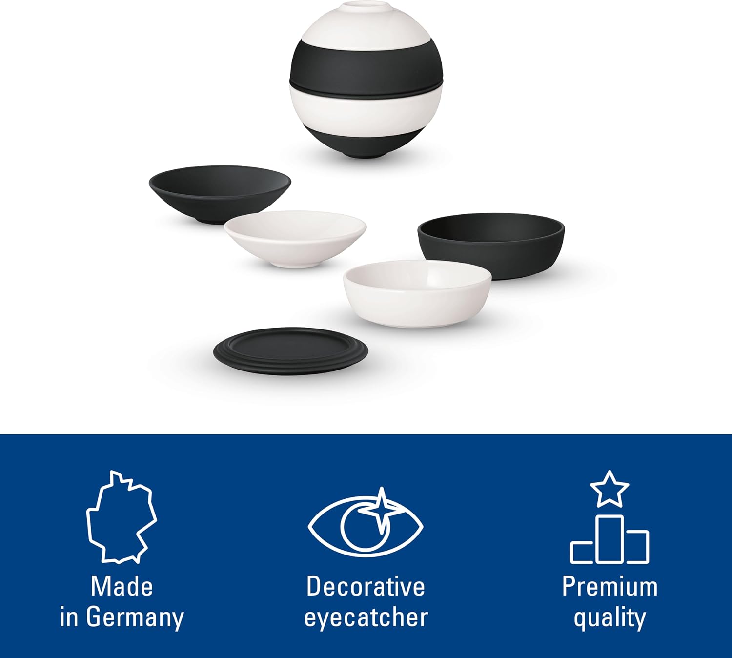 Villeroy & Boch Iconic Collection La petite Boule, Premium Porcelain, Made in Germany, Appetizer Set for 2, 5.5 x 5.5 in, Black & White