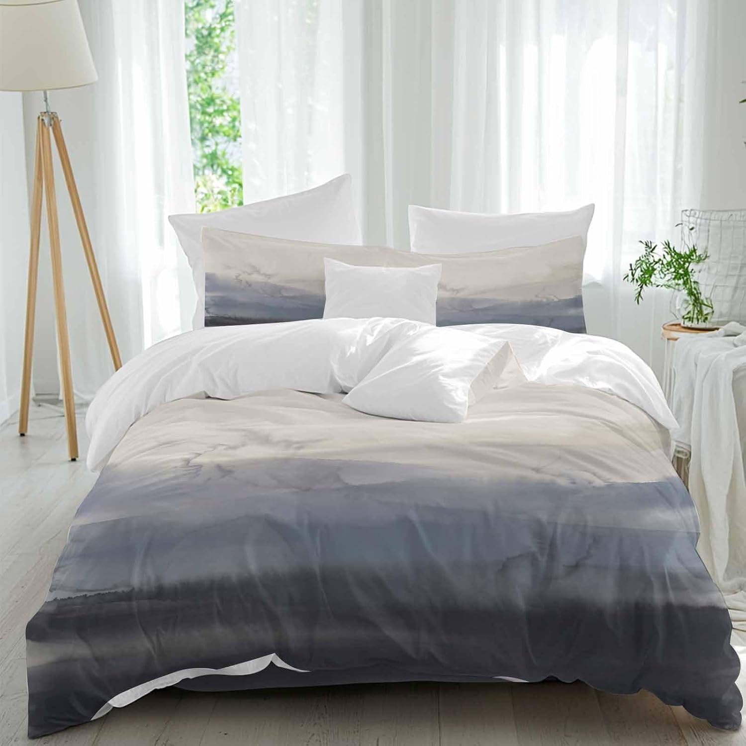 Natural Landscape Duvet Cover Set Queen Size 4 Pieces Pastoral Mountain Country Cloud Field Gradient Color Bedding Set with Zipper Closure,1 Comforter Cover 92x106 Inches 1 Flat Sheet & 2 Pillow Cases