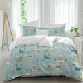 Green Cute Dinosaurs Duvet Cover Set Queen Size 4 Pieces Lovely Colorful Cartoon Animals Tree Cloud Bedding Set with Zipper Closure, 1 Comforter Cover 90x92 Inches 1 Flat Sheet & 2 Pillow Cases