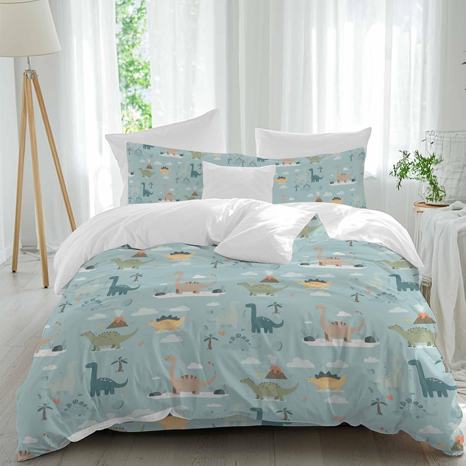 Green Cute Dinosaurs Duvet Cover Set Queen Size 4 Pieces Lovely Colorful Cartoon Animals Tree Cloud Bedding Set with Zipper Closure, 1 Comforter Cover 90x92 Inches 1 Flat Sheet & 2 Pillow Cases