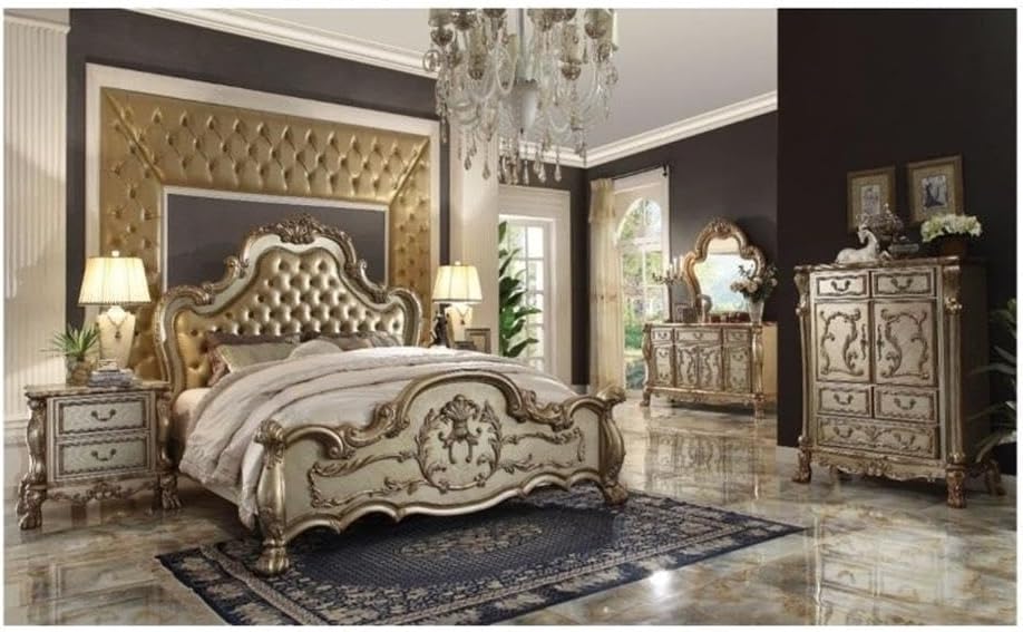 Acme Dresden Eastern King Bed in Bone Synthetic Leather & Gold Patina