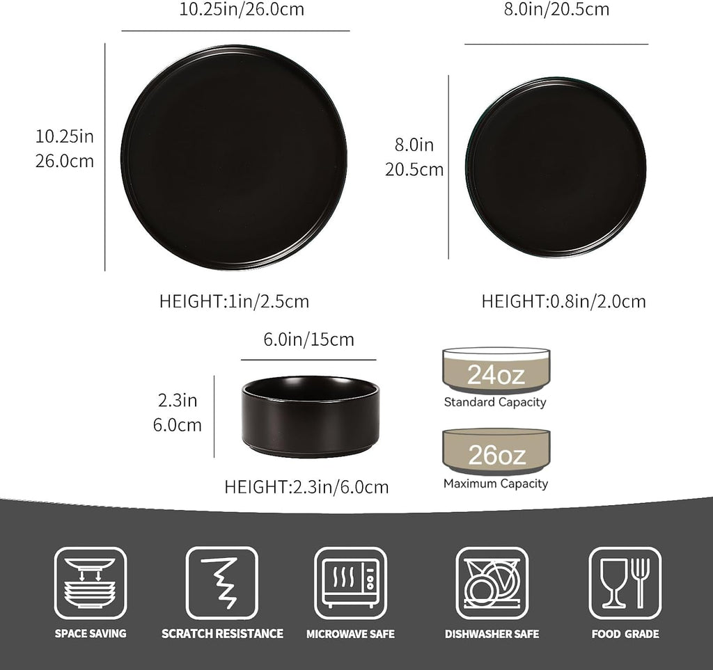 GZG Classic Series - Plates and Bowls Set for 6, 18 Piece Stoneware Dinnerware Sets, Microwave and Dishwasher Safe Lead-Free Handcrafted Ceramic Dishes Set - Matte Black