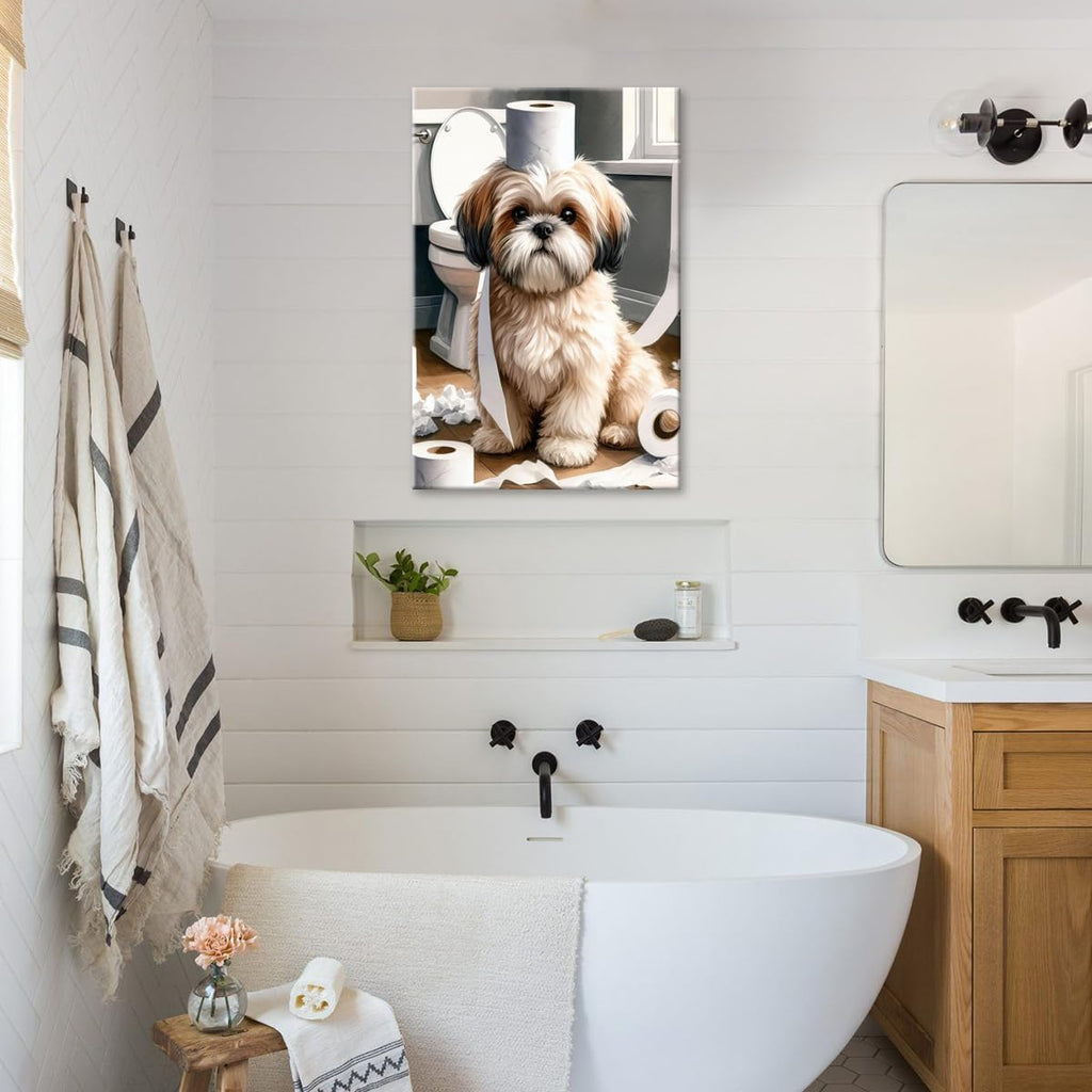 Funny Shih Tzu Toilet Paper Whimsy Cute Animal Bathroom Canvas Wall Art Humor Dog Print Painting for Modern Home Decor Kid Bathrooms Toilet Decoration 20x30in Framed