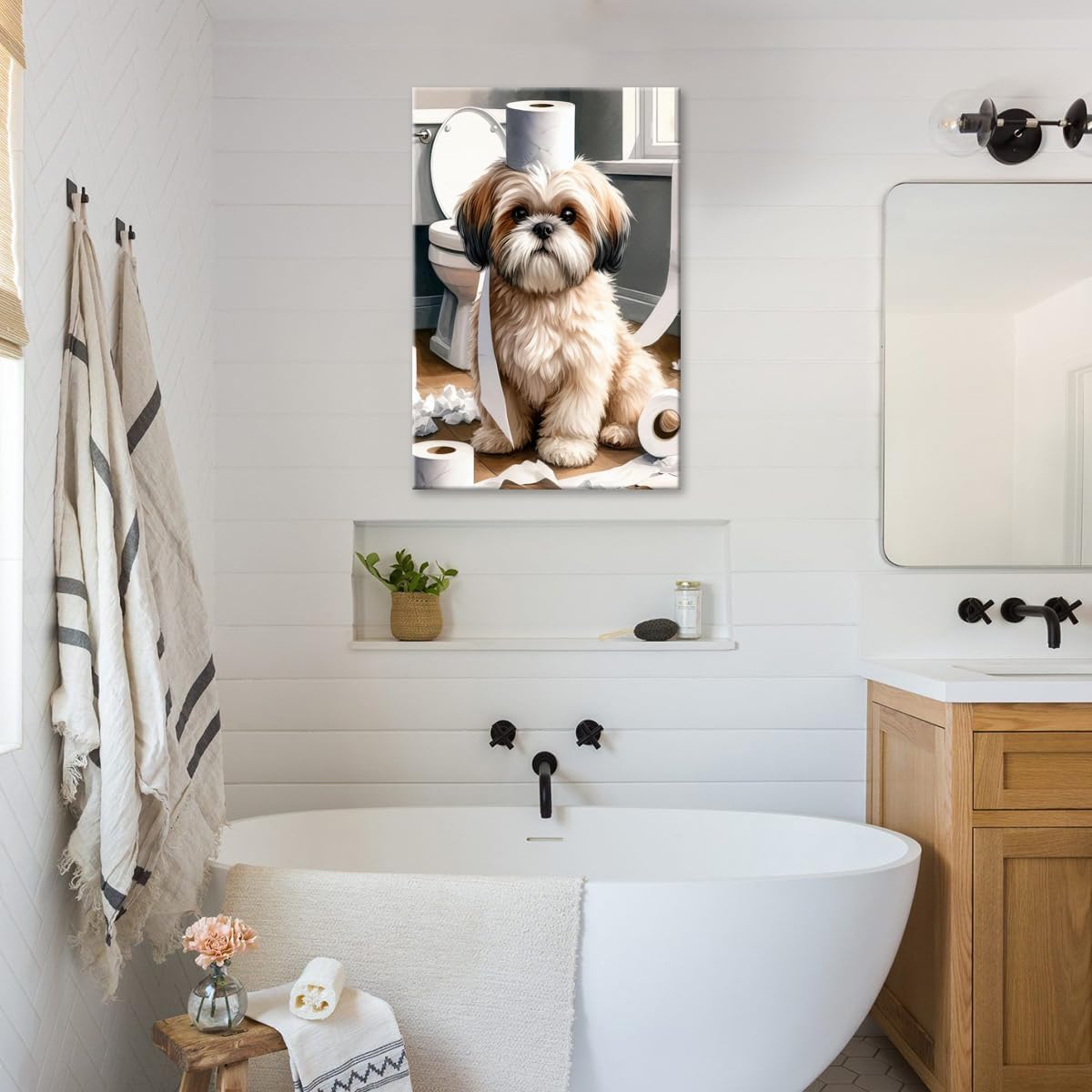 Funny Shih Tzu Toilet Paper Whimsy Cute Animal Bathroom Canvas Wall Art Humor Dog Print Painting for Modern Home Decor Kid Bathrooms Toilet Decoration 20x30in Framed