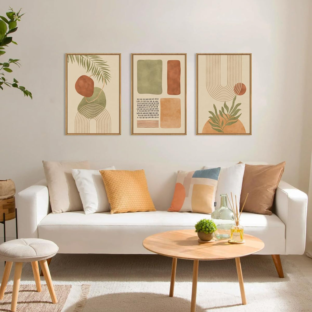 Large Boho Sage Green Framed Canvas Wall Art,Abstract Geometric Beige Wall Decor,Mid Century Modern Art Prints,Neutral Botanical Leaf Artwork for Living Room,Bedroom,Office -24'x36'x3