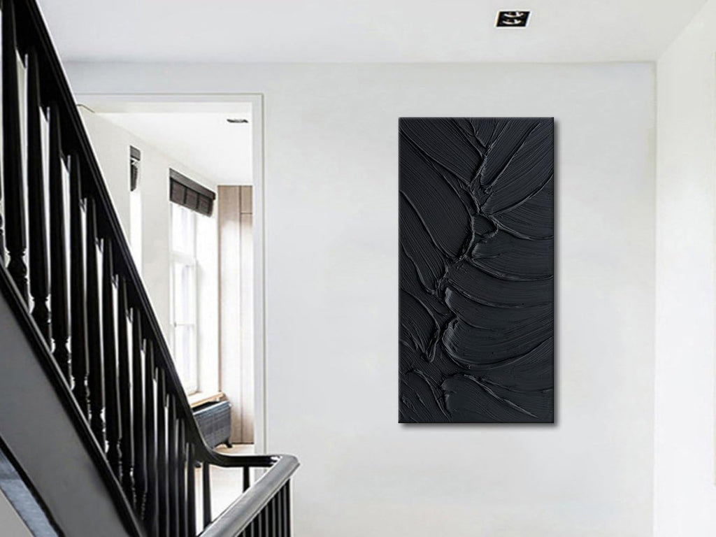 zoinart Hand Painted Thick Texture Black Minimalist Oil Painting Modern Contemporary Art 24x48 Inches Oil on Canvas Abstract Black Textured Wall Art Home Decoration