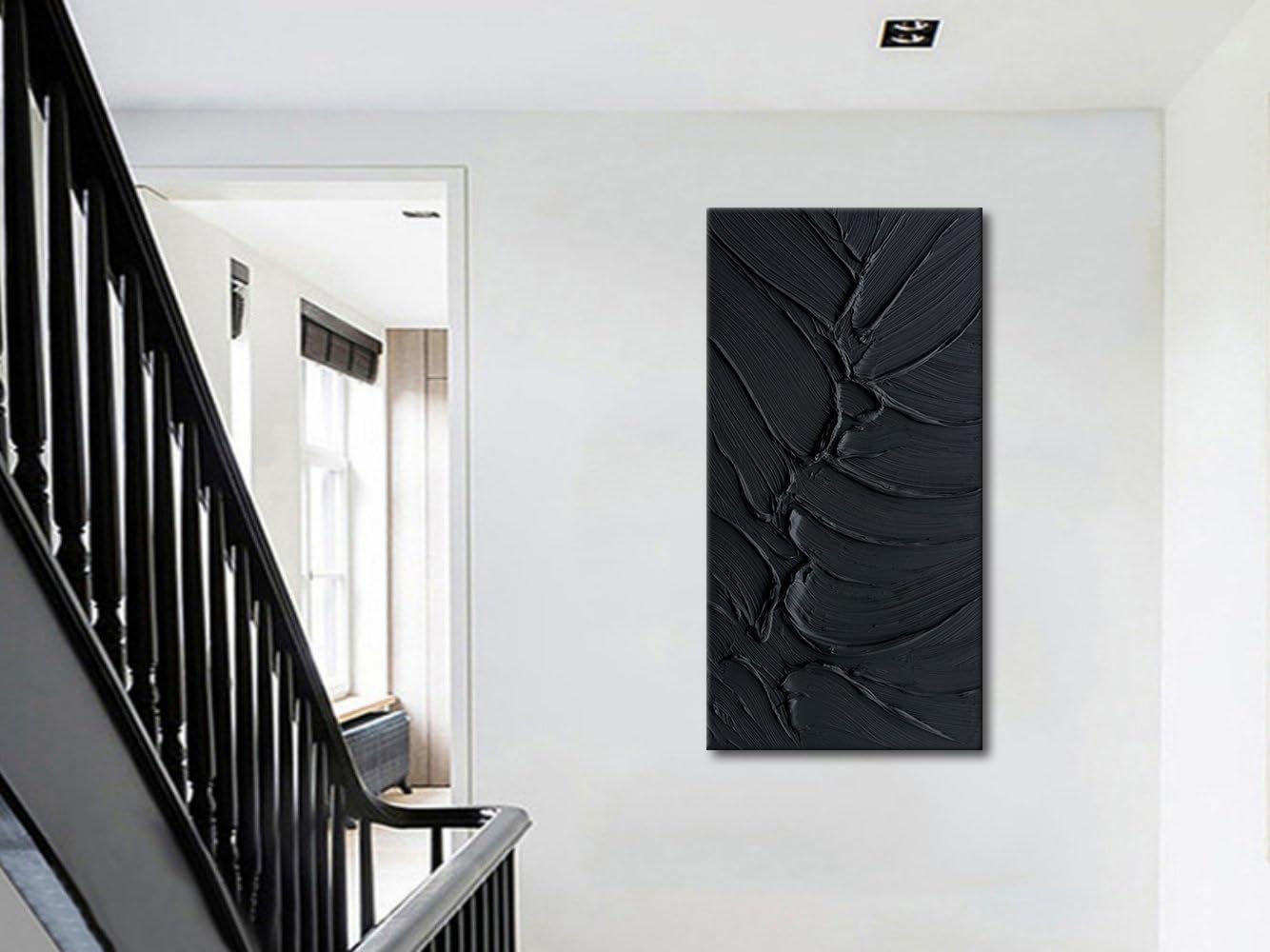 zoinart Hand Painted Thick Texture Black Minimalist Oil Painting Modern Contemporary Art 24x48 Inches Oil on Canvas Abstract Black Textured Wall Art Home Decoration