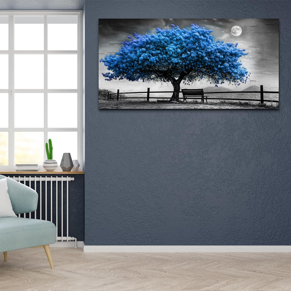 FUHAIHUA Canvas Wall Art For Living Room Large Wall Decor For Office Bedroom Decorations Black And White Landscape Pictures Blue Tree Painting Artwork Room Wall Mural Aesthetic Home Decor 30x60 In