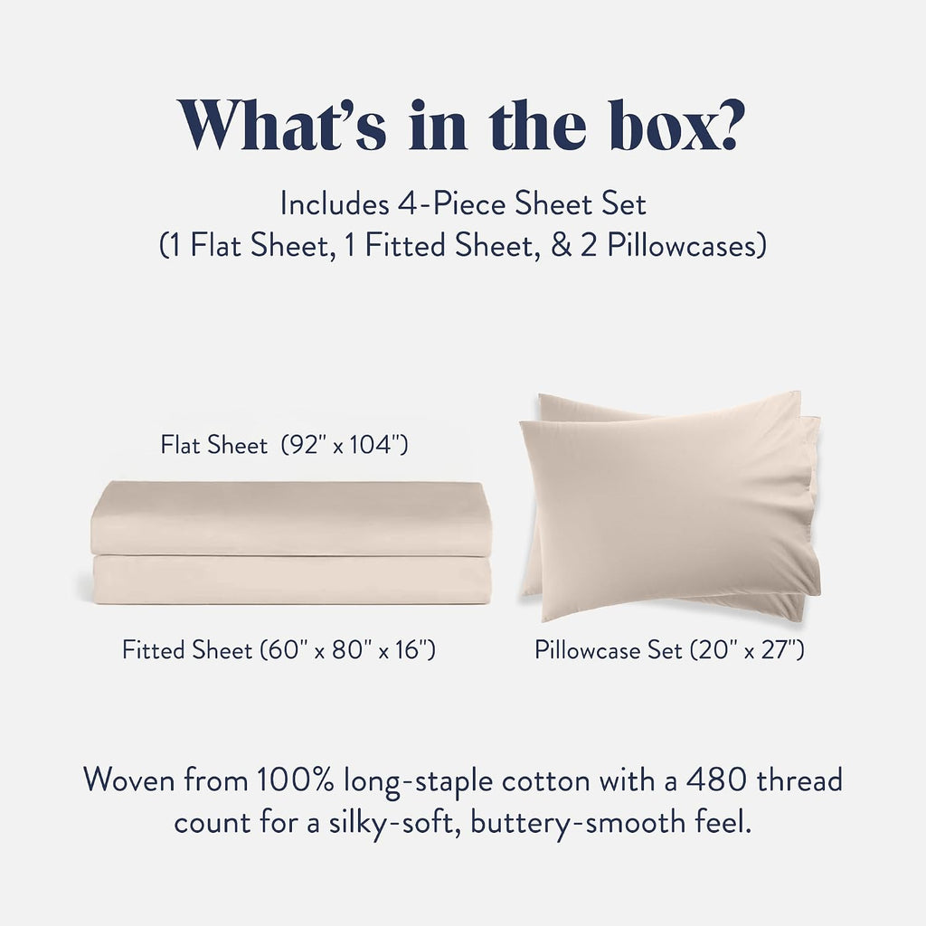 Brooklinen Luxury Sateen 4 Piece Sheet Set - 100% Cotton Bed Sheets, Soft & Durable Queen Size Sheets Set in Pebble, Oeko-TEX Certified Bedding Set, 1 Fitted Sheet, 1 Flat Sheet, 2 Pillowcases