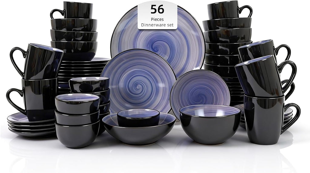 Stoneware Sonoma 56pc Dinnerware Set, Black + Speckled Spin Wash Cobalt