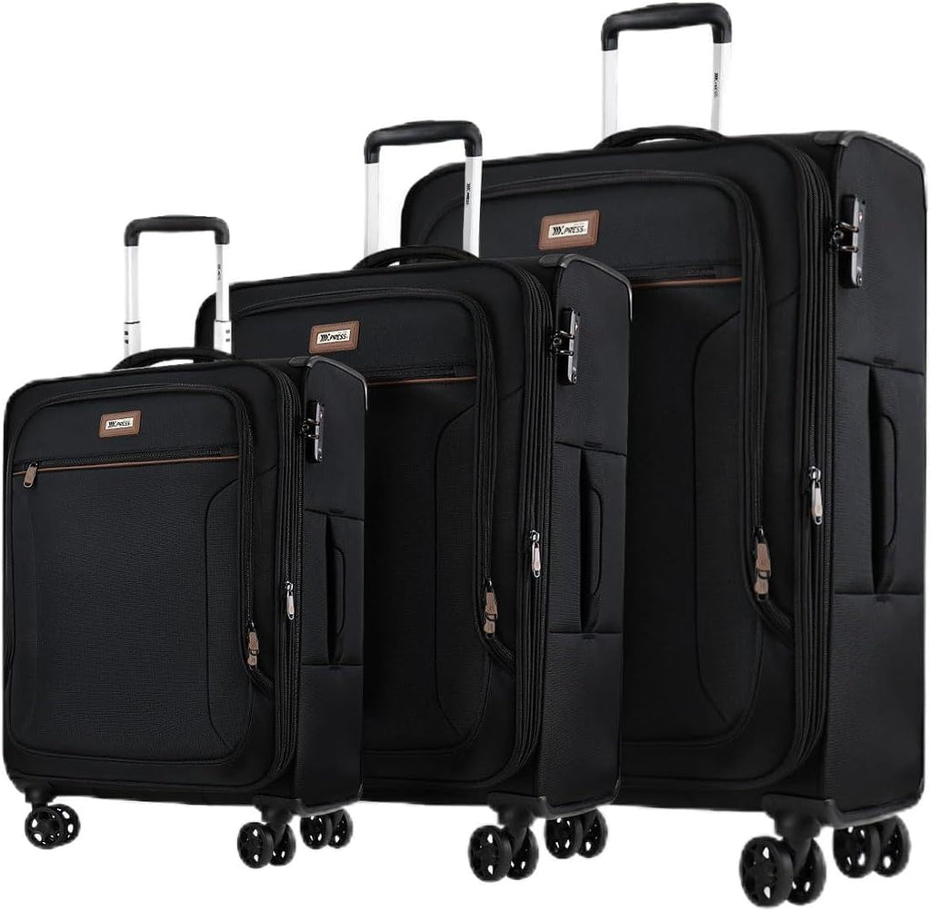Luggage Sets 3 Piece,Suitcases with Wheels Hardshell,Softside Luggage Set,Foldie Travel Bag Expandable,Charcoal Material w/Tsa LOCK & Double Spinner Wheels(20in/26in/28in)Black,XJ-1907