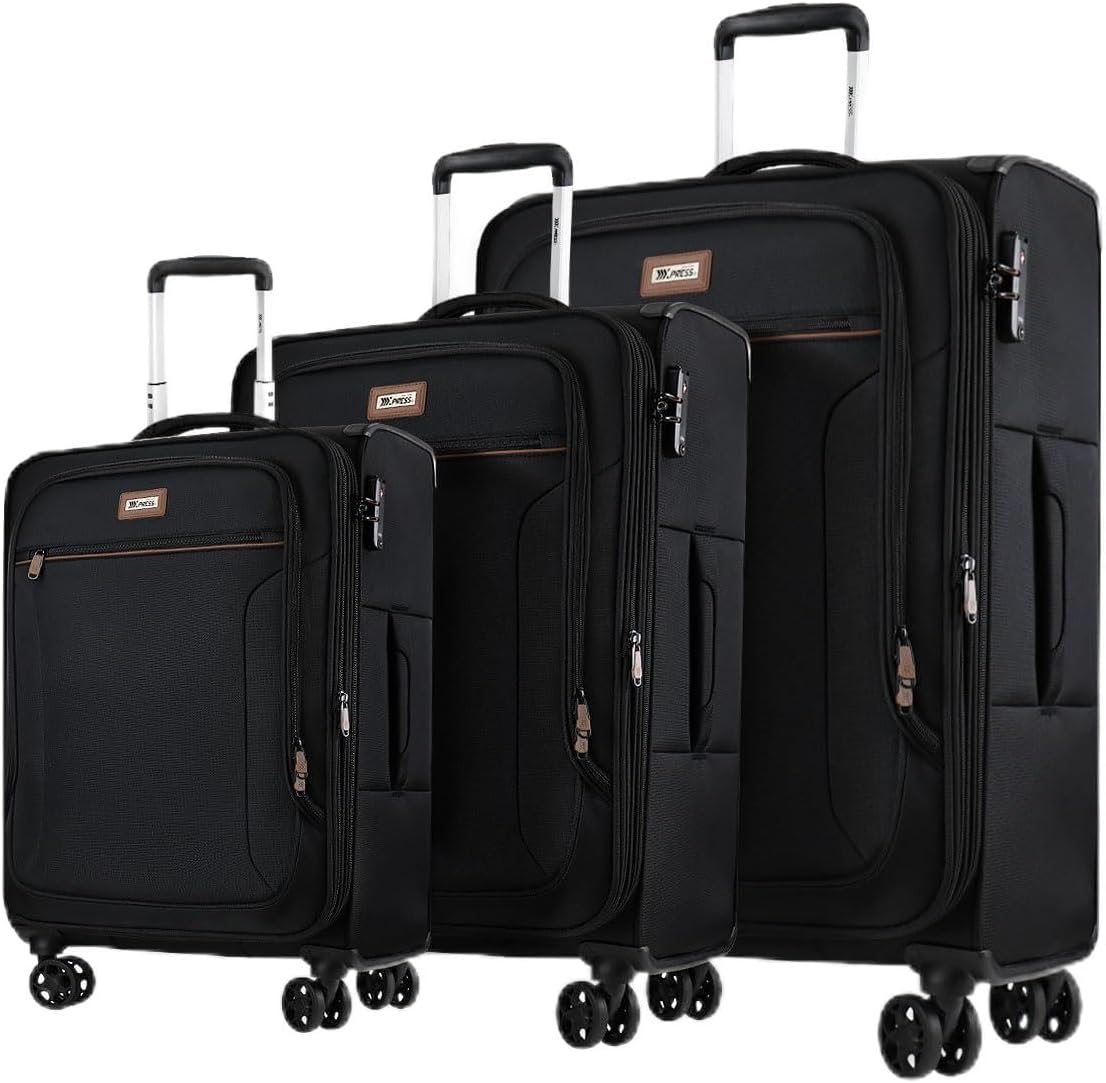 Luggage Sets 3 Piece,Suitcases with Wheels Hardshell,Softside Luggage Set,Foldie Travel Bag Expandable,Charcoal Material w/Tsa LOCK & Double Spinner Wheels(20in/26in/28in)Black,XJ-1907