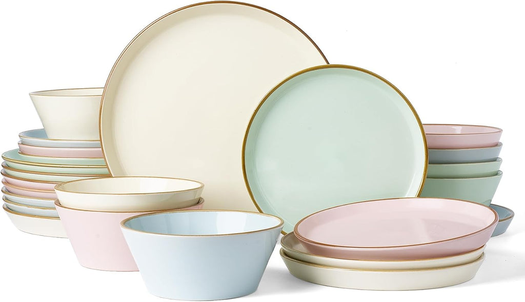 Famiware Saturn Stoneware Dinnerware Sets for 8 (24 Pieces), Ceramic Plates and Bowls Dish Sets with Hand-Painted Trim - Chip & Scratch Resistant, Microwave & Dishwasher Safe Tableware, Multi-color