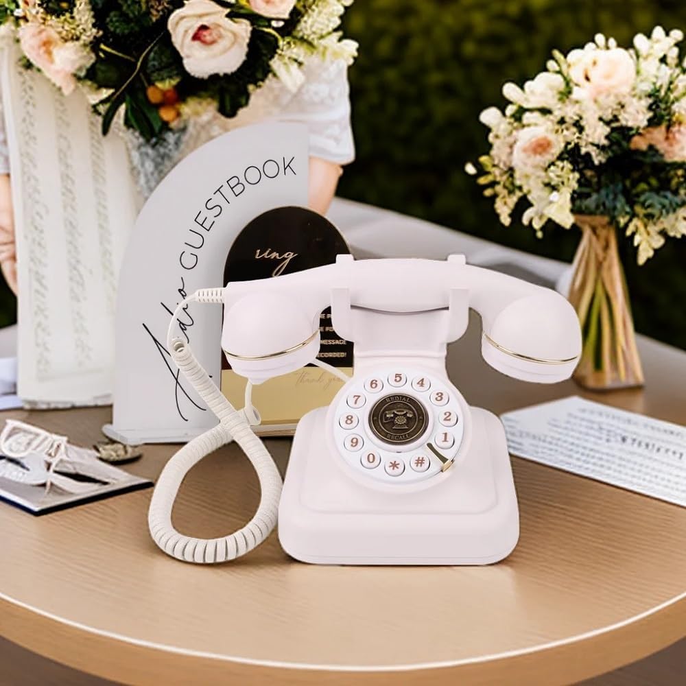 Audio Guest Book Phone, Retro Style Antique Audio guestbook Phone with Free LED Wedding Sign and A5 Vertical Photo Frame (White)