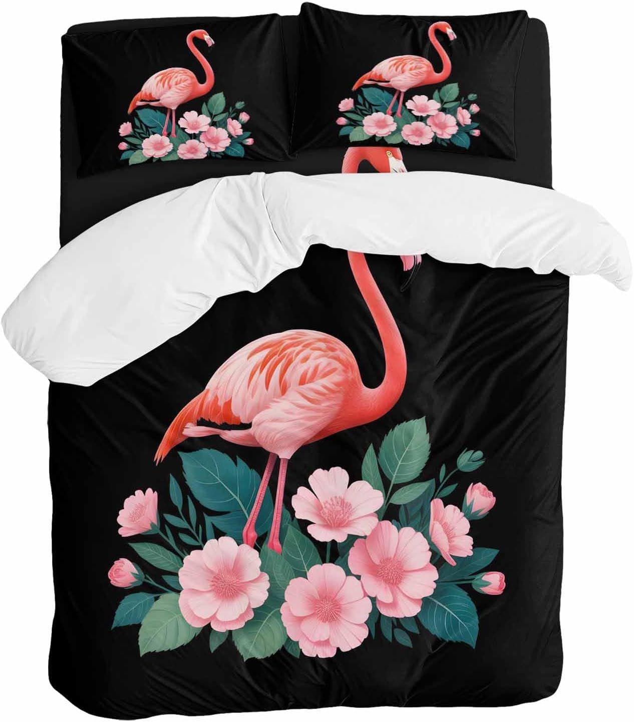 Prime Leader Flamingo Duvet Cover Set Queen Size 4 Pieces Pink Flower Leafs Plants Watercolors Black Bedding Set with Zipper Closure, 1 Comforter Cover 92x106 Inches 1 Flat Sheet & 2 Pillow Cases