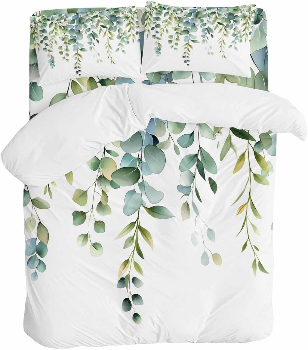Prime Leader Green Leaves Duvet Cover Set Queen Size 4 Pieces Eucalyptus Leaf Watercolor Plant Botanical Bedding Set with Zipper Closure, 1 Comforter Cover 90x92 Inches 1 Flat Sheet & 2 Pillow Cases