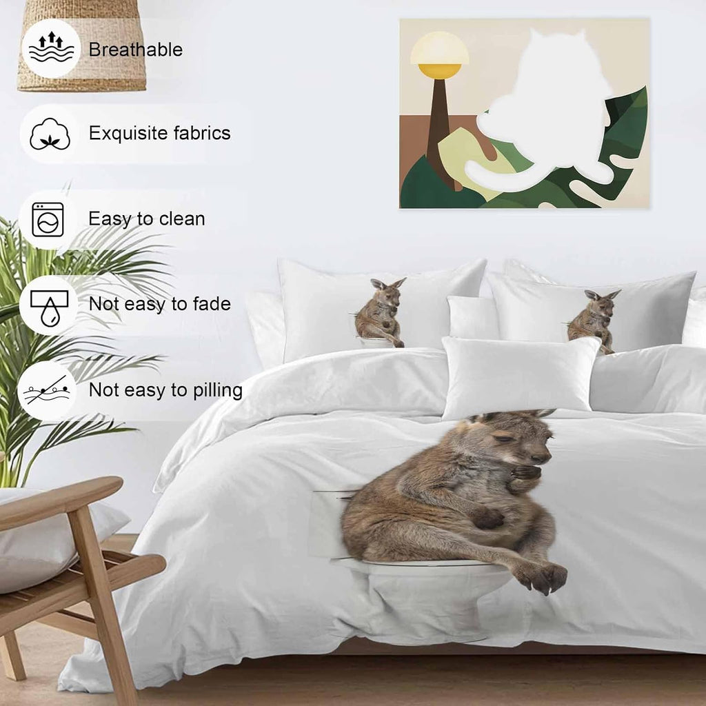 Kangaroo Sitting on The Toilet Thinking Duvet Cover Set Queen Size 4 Pieces Abstract Funny Animal Bedding Set with Zipper Closure, 1 Comforter Cover 90x92 Inches 1 Flat Sheet & 2 Pillow Cases