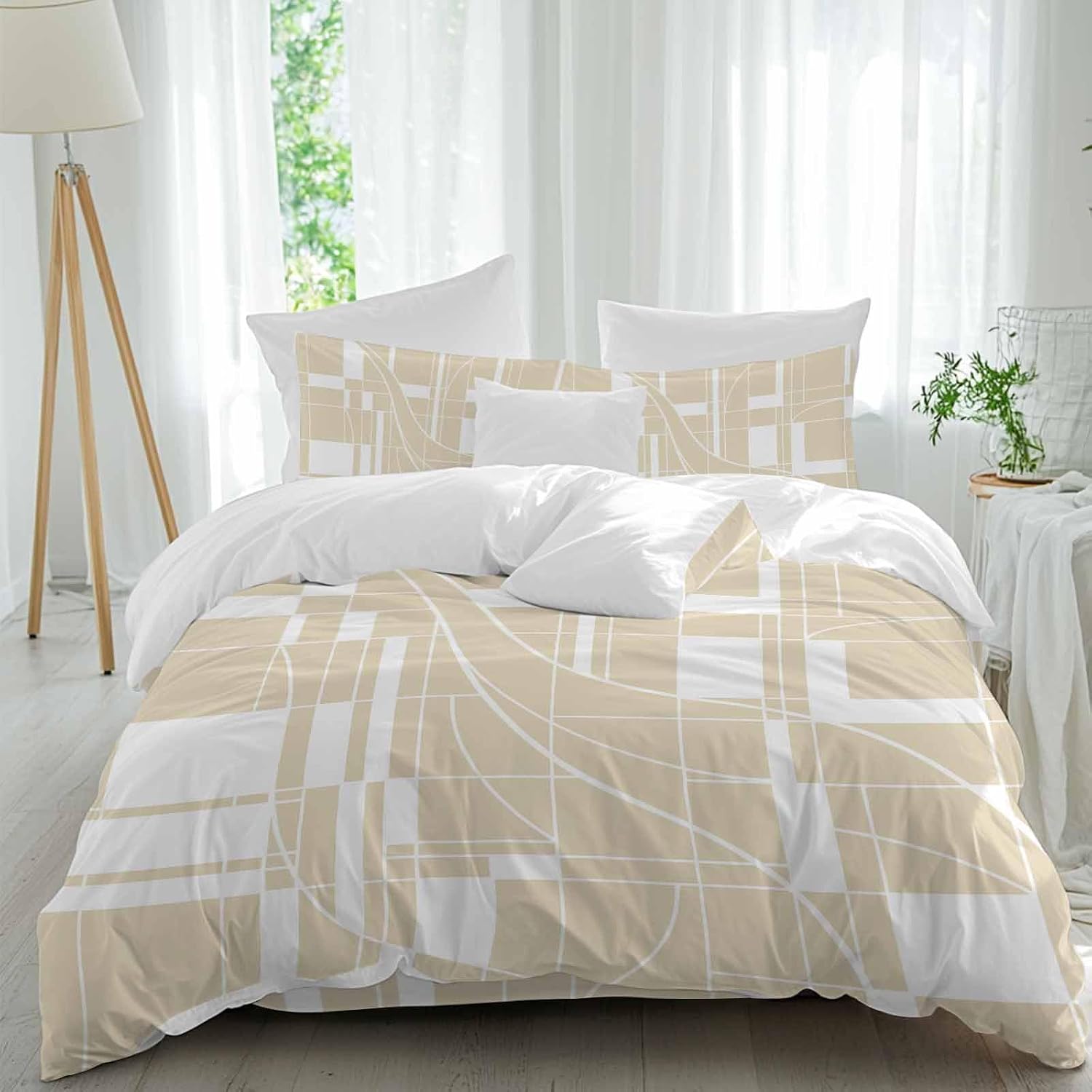 Prime Leader Lines Duvet Cover Set Queen Size 4 Pieces Abstarct Geometric White Lines Plaid Light Brown Bedding Set with Zipper Closure, 1 Comforter Cover 90x92 Inches 1 Flat Sheet & 2 Pillow Cases