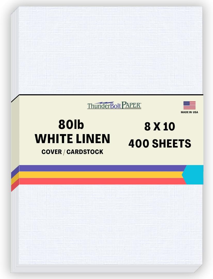 400 Bright White Linen 80# Cover Paper Sheets - 8' X 10' (8X10 Inches) Photo|Picture-Frame Size - 80 lb/pound Card Weight - Fine Linen Textured Finish - Quality Cardstock
