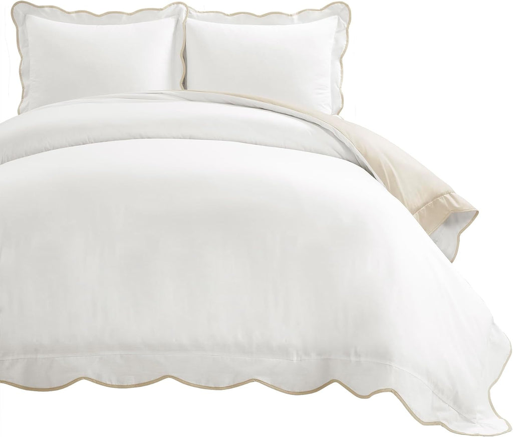 Lush Decor Coastal Chic Scalloped Edge Cotton Duvet Cover Set, 3 Piece Set, King, Neutral & White - King Bedding Set - White Duvet Cover King - Coastal Decor