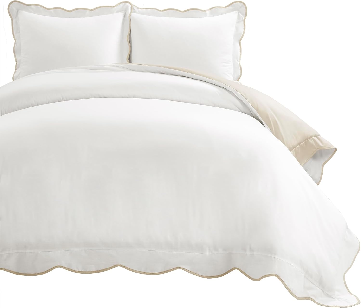 Lush Decor Coastal Chic Scalloped Edge Cotton Duvet Cover Set, 3 Piece Set, King, Neutral & White - King Bedding Set - White Duvet Cover King - Coastal Decor