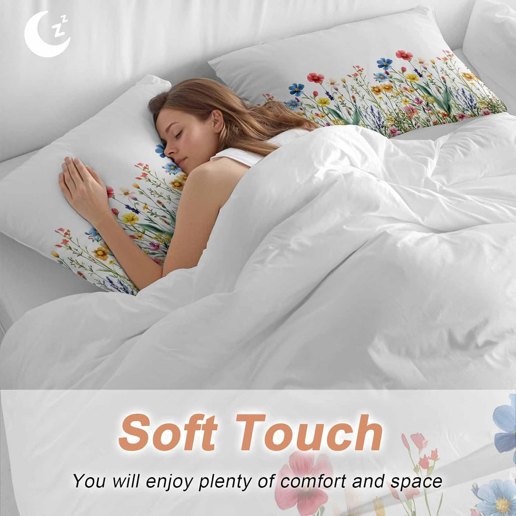 Spring Summer Duvet Cover Set Queen Size 4 Pieces Colorful Wildflower Leaves Sage Green Leaf Bedding Set with Zipper Closure, 1 Comforter Cover 92x106 Inches 1 Flat Sheet & 2 Pillow Cases