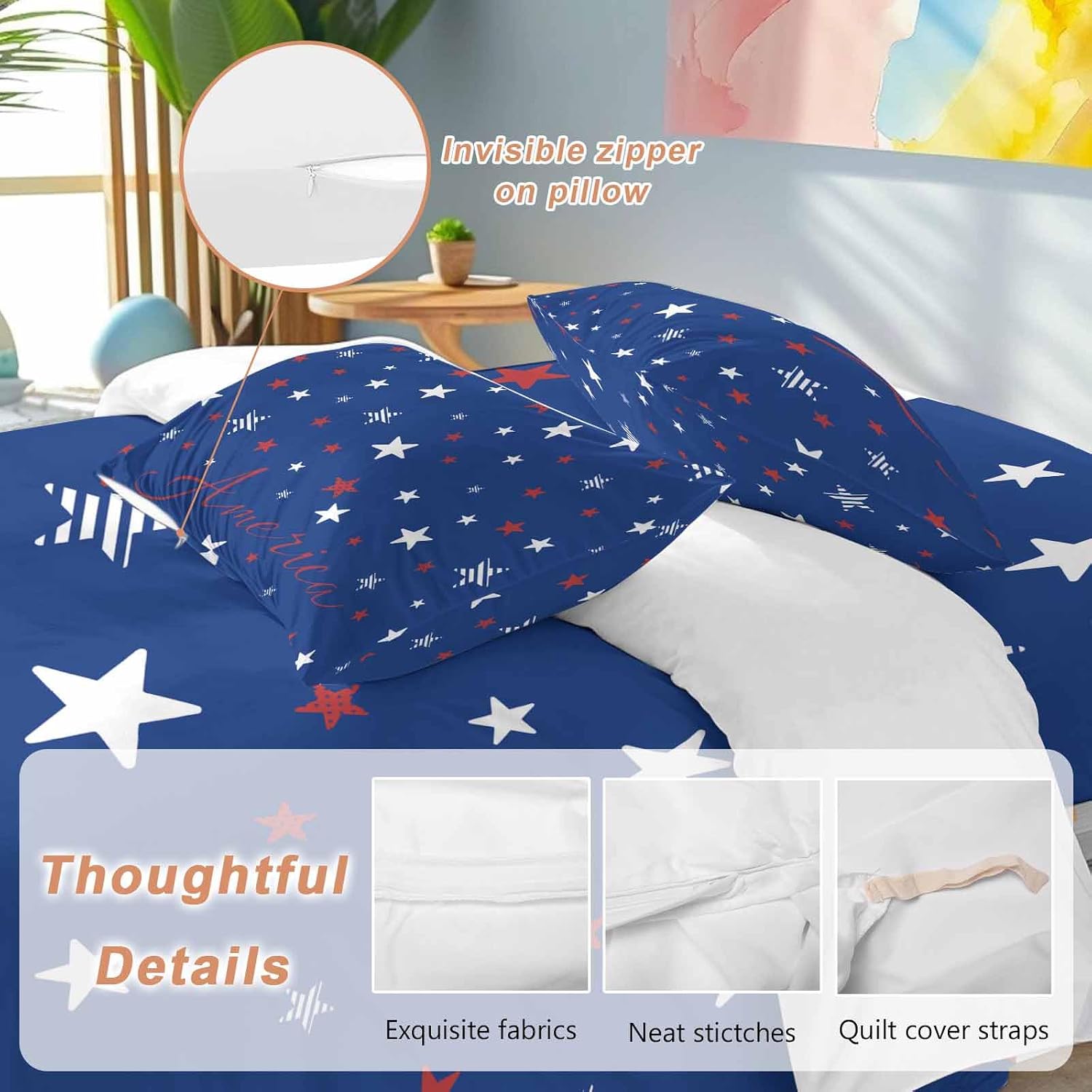 Independence Day Duvet Cover Set Queen Size 4 Pieces Blue White Pentagram America Blue Background Bedding Set with Zipper Closure, 1 Comforter Cover 90x92 Inches 1 Flat Sheet & 2 Pillow Cases