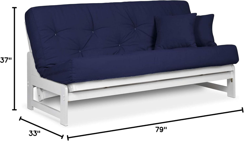 Nirvana Futons Arden White Futon Set Full or Queen Size - Armless Wood Futon Frame with Mattress Included (Twill Navy Blue), More Mattress Colors Available, Space Saving Modern Sofa Bed Sleeper