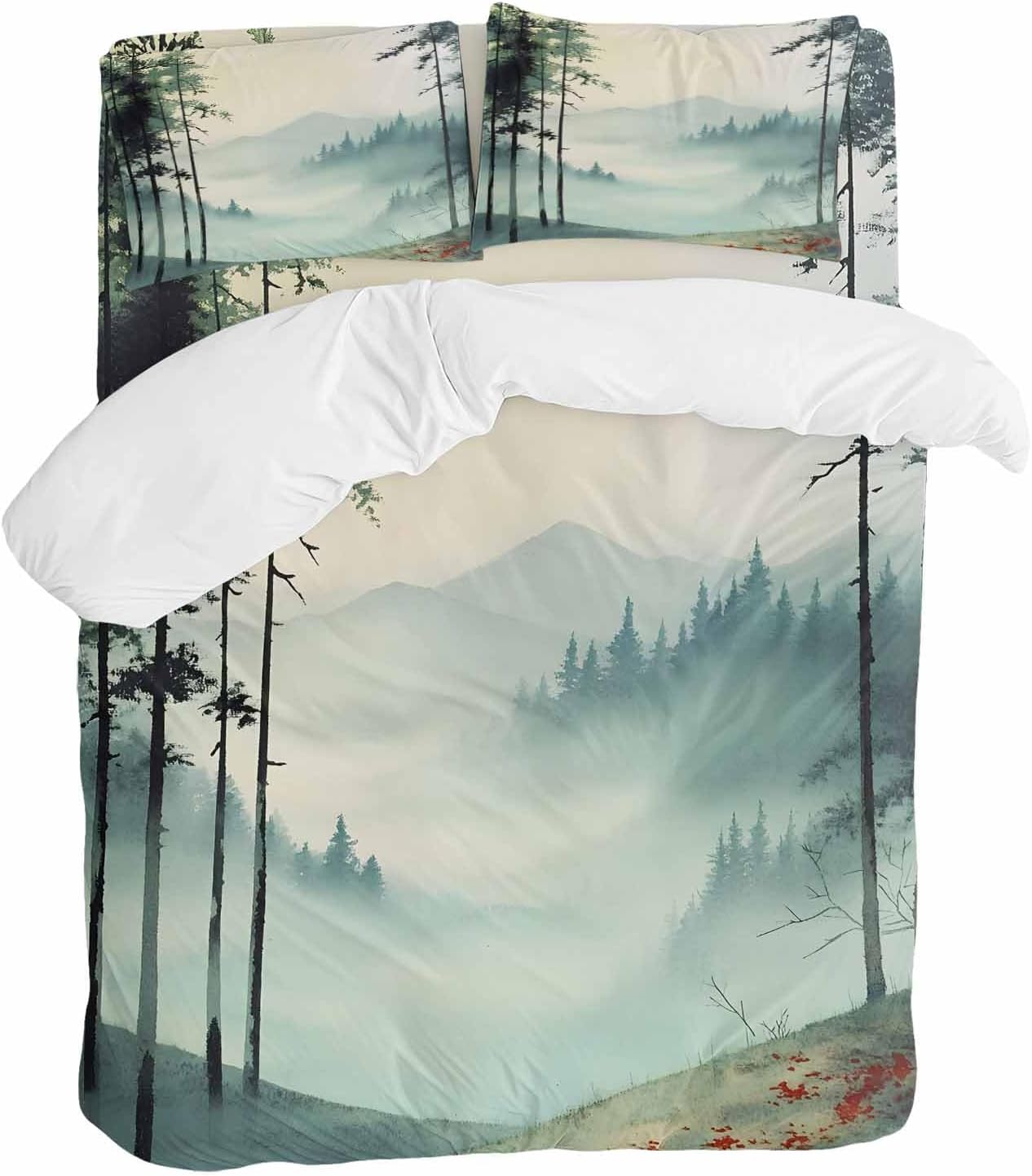 Prime Leader Forest Mountain Landscape Duvet Cover Set Queen Size 4 Pieces Foggy Retro Watercolor Bedding Set with Zipper Closure, 1 Comforter Cover 90x92 Inches 1 Flat Sheet & 2 Pillow Cases