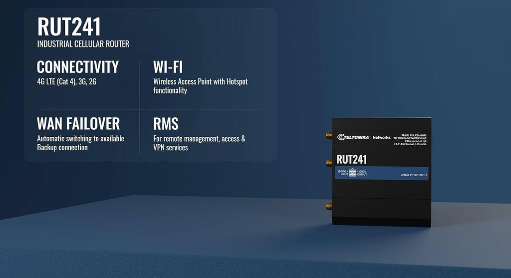 Teltonika RUT241 Industrial 4G LTE Router – Compact & Rugged Wireless Router with Ethernet, WiFi, VPN, RMS Support, Remote Monitoring, and IoT Connectivity (RUT241098000)