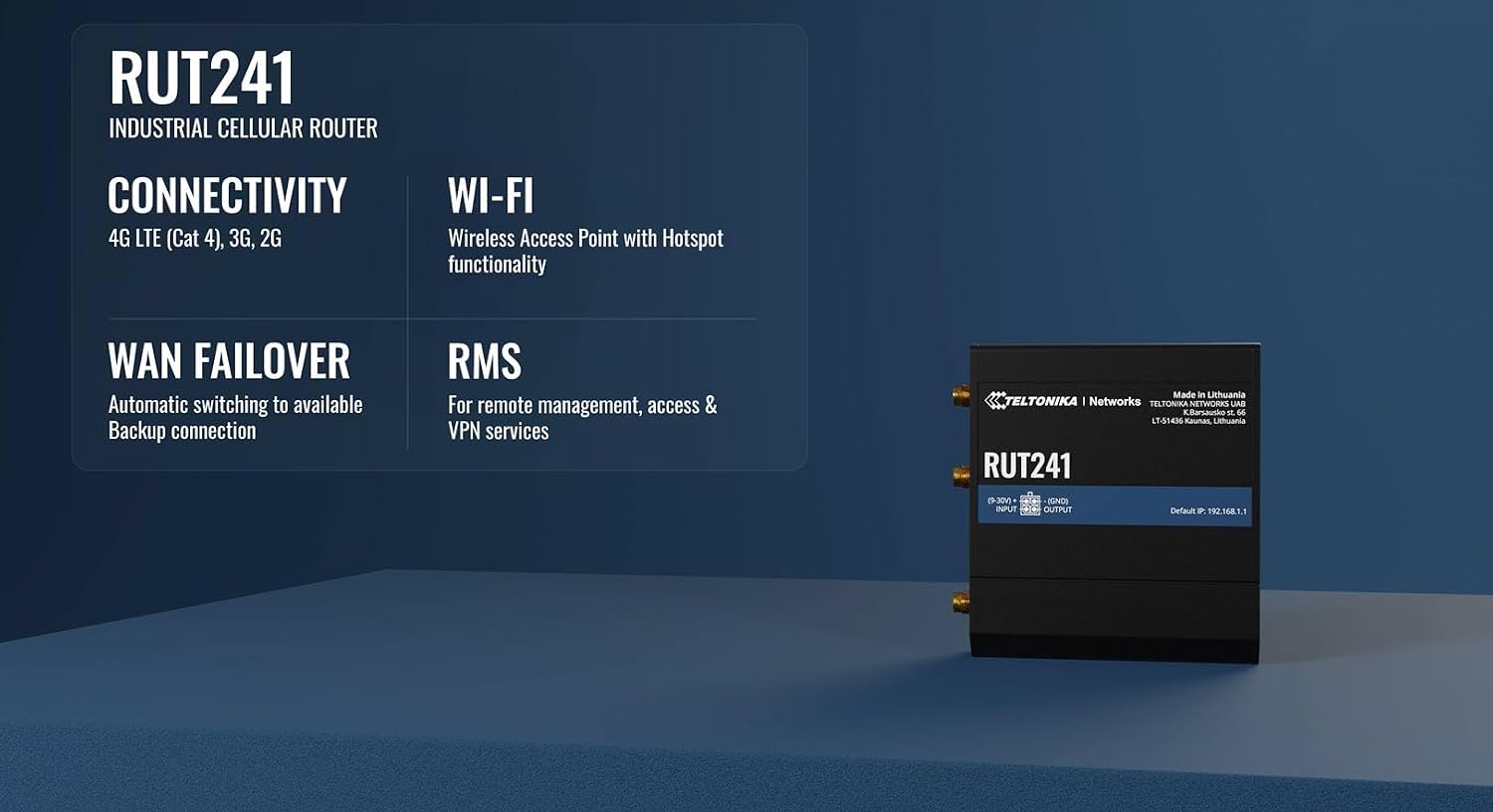 Teltonika RUT241 Industrial 4G LTE Router – Compact & Rugged Wireless Router with Ethernet, WiFi, VPN, RMS Support, Remote Monitoring, and IoT Connectivity (RUT241098000)