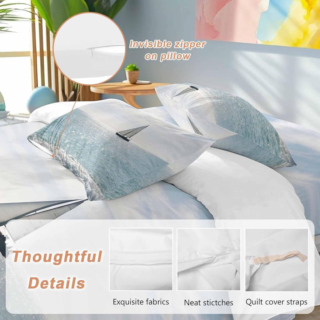 Nature Seascape Duvet Cover Set Queen Size 4 Pieces Sailboats Blue Waves Cloud Sky Ocean Surface Bedding Set with Zipper Closure, 1 Comforter Cover 86x86 Inches 1 Flat Sheet & 2 Pillow Cases
