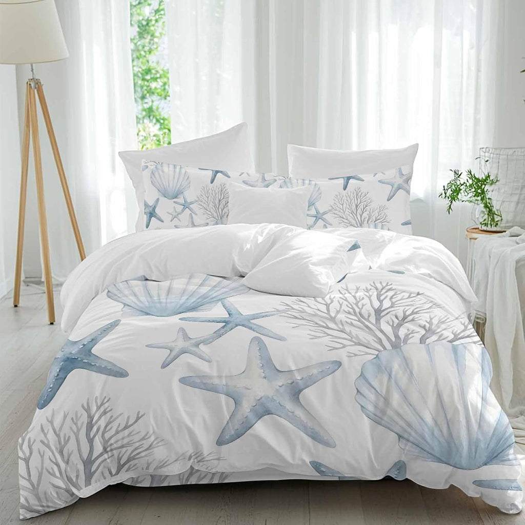 Summer Ocean Shell Duvet Cover Set Queen Size 4 Pieces Nautical Watercolor Blue Starfish Seashell Coral Bedding Set with Zipper Closure, 1 Comforter Cover 86x86 Inches 1 Flat Sheet & 2 Pillow Cases