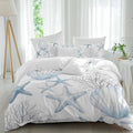 Summer Ocean Shell Duvet Cover Set Queen Size 4 Pieces Nautical Watercolor Blue Starfish Seashell Coral Bedding Set with Zipper Closure, 1 Comforter Cover 86x86 Inches 1 Flat Sheet & 2 Pillow Cases