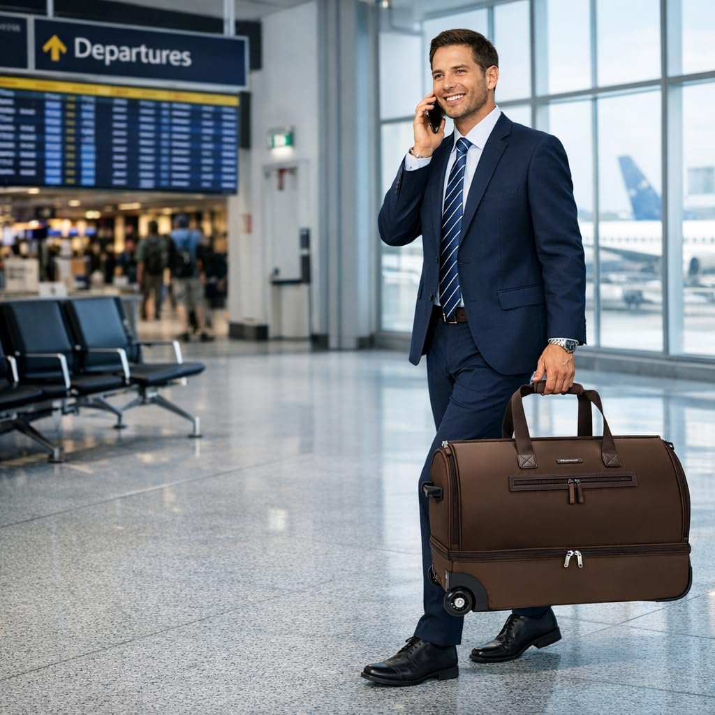 Modoker Convertible Rolling Garment Bag for Travel, Suit Travel Bag with Trolley, Garment Duffel Bag with Wheels & Shoes Compartment for Business Trip, Weekender - Brown