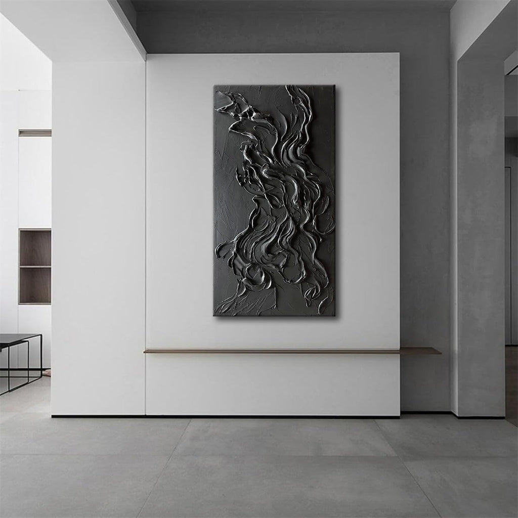 zoinart Hand Painted Large Black Wall Art 30'x60' Thick Texture Minimalist Oil Paintings Contemporary Art Oil on Canvas Abstract Textured Wall Art Pure Black Wall Art