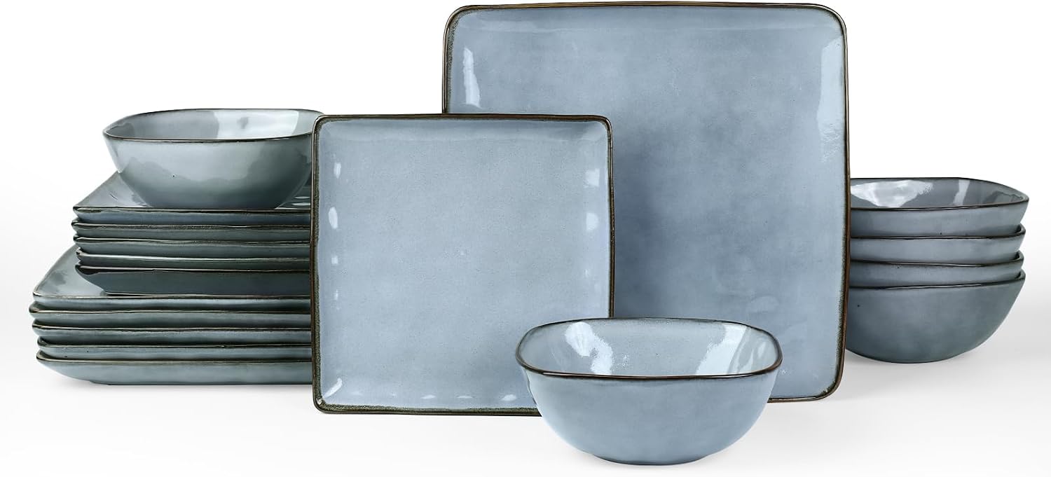 Famiware Ocean Square Plates and Bowls Set, 18 Pieces Dinnerware Sets, Dishes Set for 6, Microwave and Dishwasher Safe, Scratch Resistant, Blue