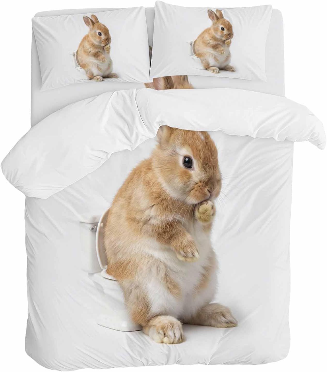 Rabbit Sitting on The Toilet Thinking Duvet Cover Set Queen Size 4 Pieces Abstract Funny Animal Bedding Set with Zipper Closure, 1 Comforter Cover 86x86 Inches 1 Flat Sheet & 2 Pillow Cases