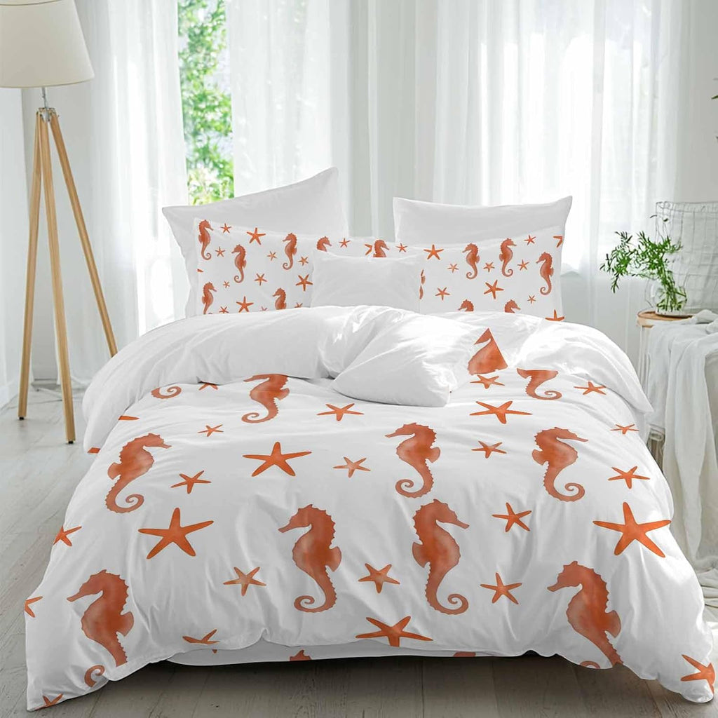 Orange Marine Life Duvet Cover Set Queen Size 4 Pieces Summer Seahorse and Starfish Ocean Theme Bedding Set with Zipper Closure, 1 Comforter Cover 90x92 Inches 1 Flat Sheet & 2 Pillow Cases