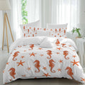 Orange Marine Life Duvet Cover Set Queen Size 4 Pieces Summer Seahorse and Starfish Ocean Theme Bedding Set with Zipper Closure, 1 Comforter Cover 90x92 Inches 1 Flat Sheet & 2 Pillow Cases