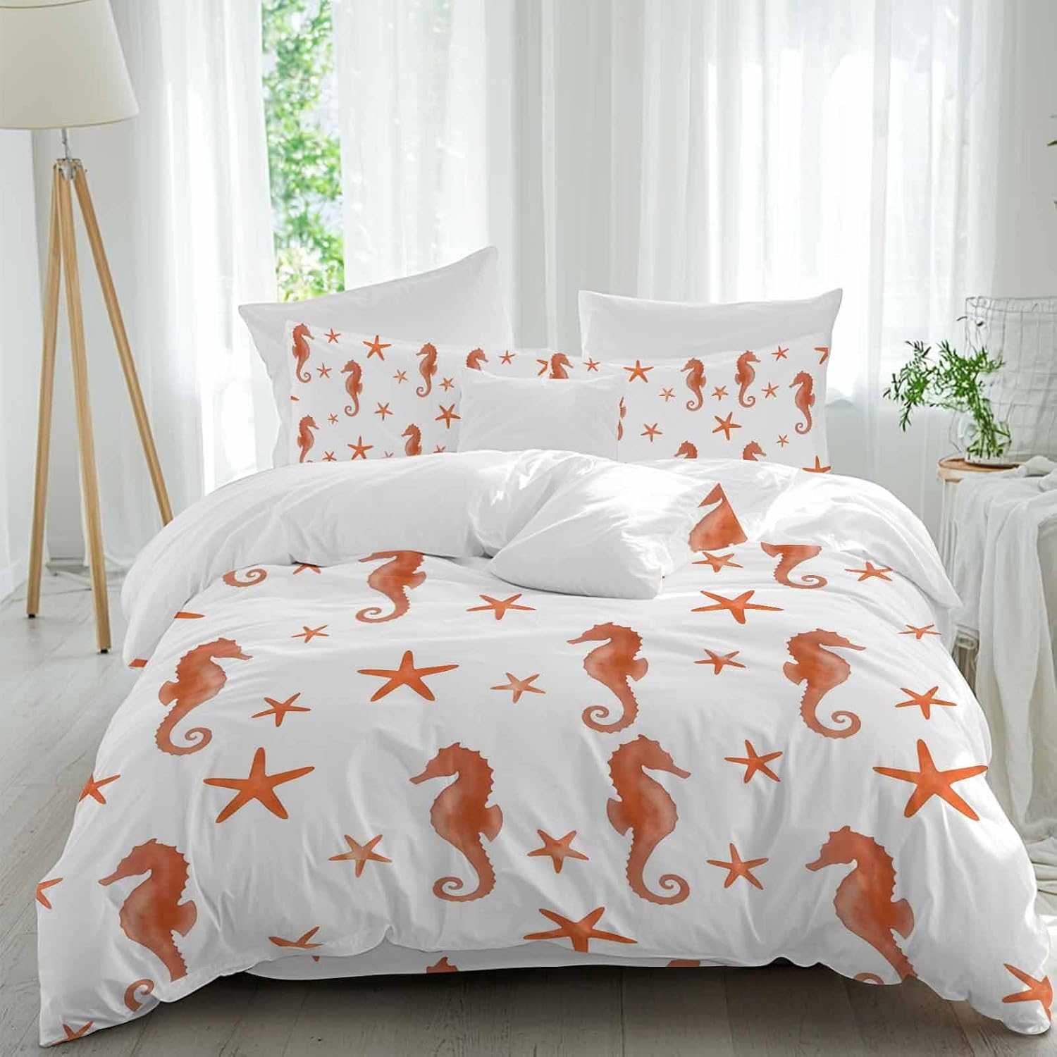 Orange Marine Life Duvet Cover Set Queen Size 4 Pieces Summer Seahorse and Starfish Ocean Theme Bedding Set with Zipper Closure, 1 Comforter Cover 92x106 Inches 1 Flat Sheet & 2 Pillow Cases