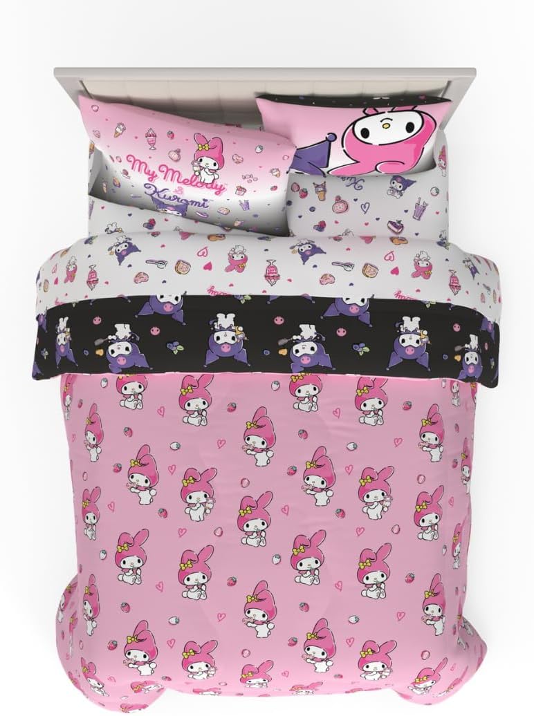 Sanrio Kuromi & My Melody Bedding 7 Piece Super Soft Cozy Reversible Comforter and Sheet Set with Sham, Queen, (100% Official Licensed Product) By Franco