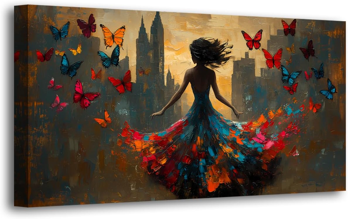 Black Pictures Canvas Wall Art for Living room Office Bedroom Wall Decor Abstract Wall Art Print Modern Noble Butterfly Oil Painting Artwork Waterproof Ready to Hang-28x57inch