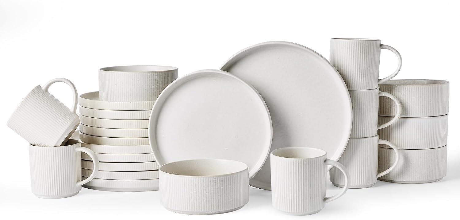 Famiware Star Dinnerware Set with Mugs, Service for 6 (24 Pieces), Ribbed Stoneware Plates and Bowls Dishes Sets - Chip & Scratch Resistant, Microwave & Dishwasher Safe, Matte White