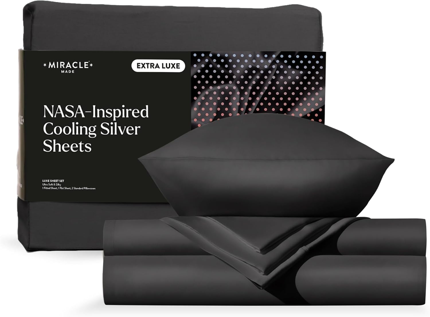 Miracle Made Extra Luxe Soft, Cool-to-the-Touch Cotton Bed Sheet Set, 4-Piece – Silver-Treated, Breathable, Lightweight Bedding – Full Size, Charcoal