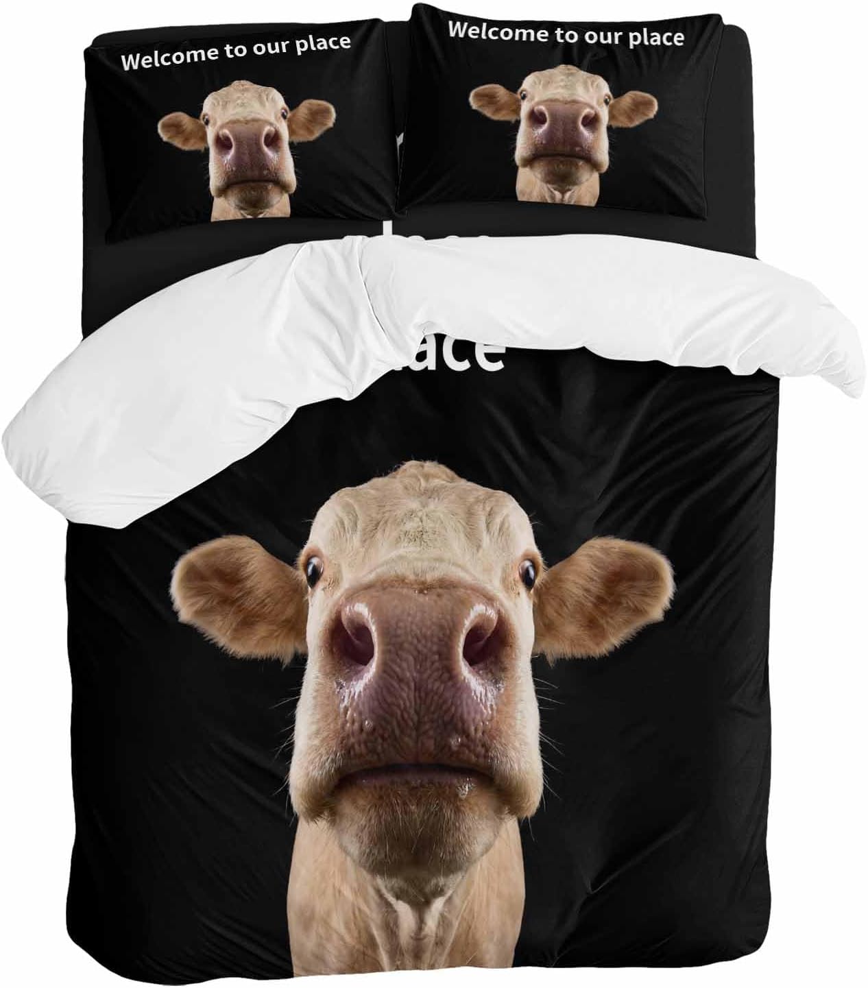 Prime Leader Funny Cow Duvet Cover Set Queen Size 4 Pieces Welcome to Our Place Abstract Animal Bedding Set with Zipper Closure, 1 Comforter Cover 92x106 Inches 1 Flat Sheet & 2 Pillow Cases