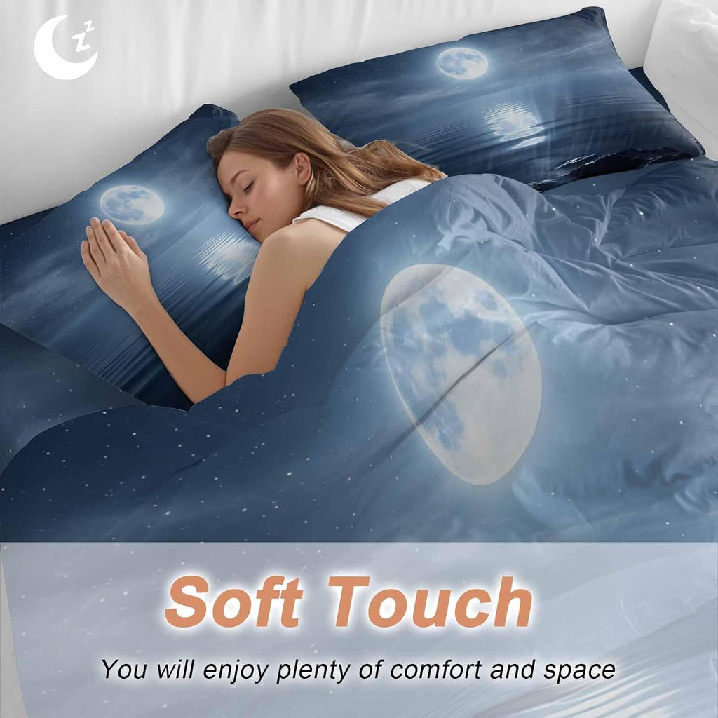 Prime Leader Night Ocean Duvet Cover Set Queen Size 4 Pieces Natural Scenery Moonlight Sparkling Water Bedding Set with Zipper Closure, 1 Comforter Cover 86x86 Inches 1 Flat Sheet & 2 Pillow Cases