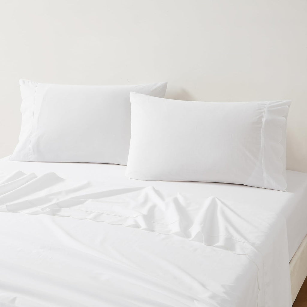 Lush Decor Coastal Chic Scalloped Edge Cotton Sheet Set 4 Piece Set Queen White - White Sheets - Scallop Trim - Bed Sheets - Coastal Decor