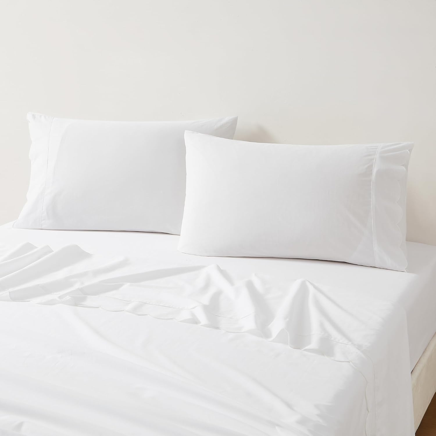 Lush Decor Coastal Chic Scalloped Edge Cotton Sheet Set 4 Piece Set Queen White - White Sheets - Scallop Trim - Bed Sheets - Coastal Decor
